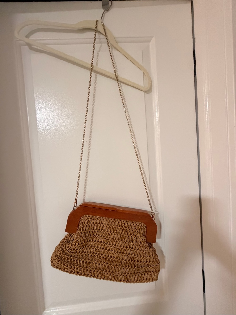 Urban Expressions Tan Woven Clutch with Brown Trim and Gold Chain